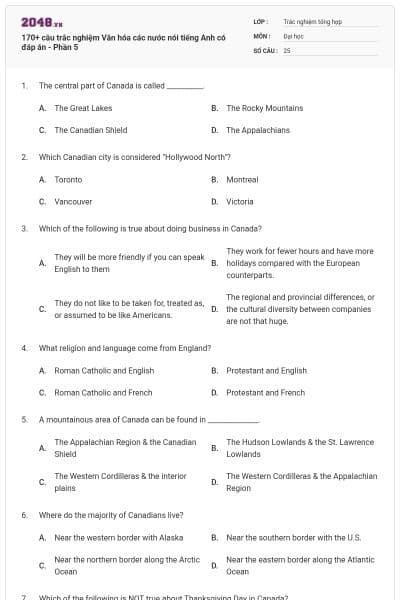 170+ câu trắc nghiệm Văn hóa các nước nói tiếng Anh có đáp án - Phần 5