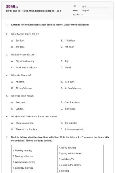 Đề thi giữa kì 1 Tiếng Anh 6 Right on có đáp án - Đề 1