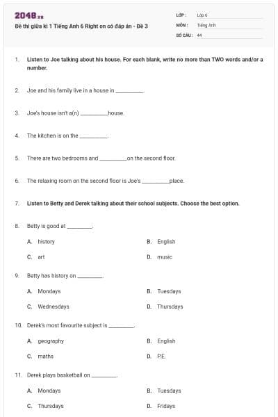 Đề thi giữa kì 1 Tiếng Anh 6 Right on có đáp án - Đề 3