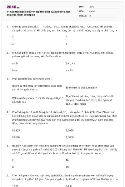 14 Câu trắc nghiệm luyện tập tính chất của nhôm và hợp chất của nhôm có đáp án