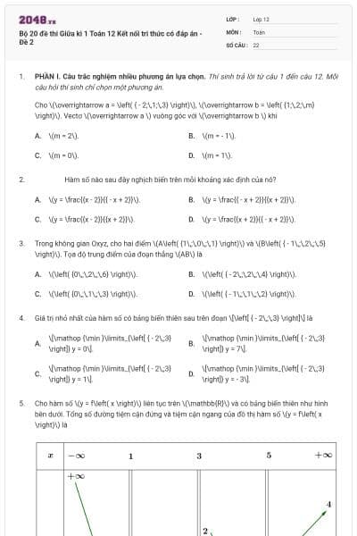 Bộ 20 đề thi Giữa kì 1 Toán 12 Kết nối tri thức có đáp án - Đề 2