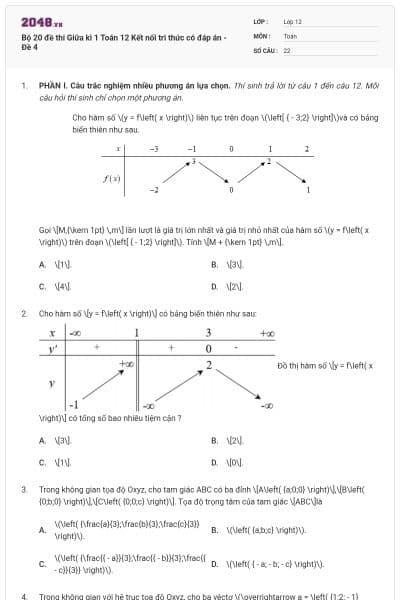 Bộ 20 đề thi Giữa kì 1 Toán 12 Kết nối tri thức có đáp án - Đề 4