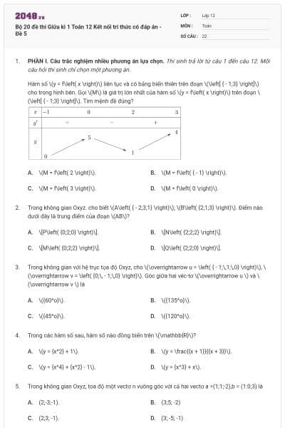 Bộ 20 đề thi Giữa kì 1 Toán 12 Kết nối tri thức có đáp án - Đề 5