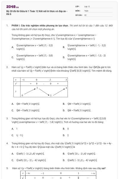 Bộ 20 đề thi Giữa kì 1 Toán 12 Kết nối tri thức có đáp án - Đề 6