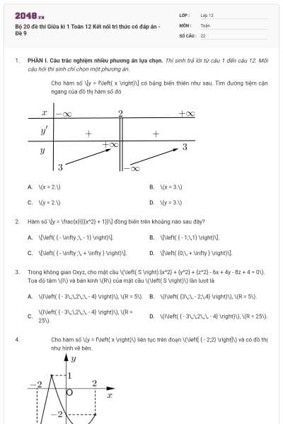 Bộ 20 đề thi Giữa kì 1 Toán 12 Kết nối tri thức có đáp án - Đề 9