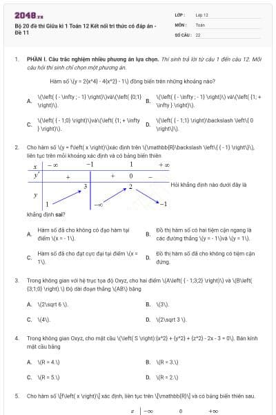 Bộ 20 đề thi Giữa kì 1 Toán 12 Kết nối tri thức có đáp án - Đề 11