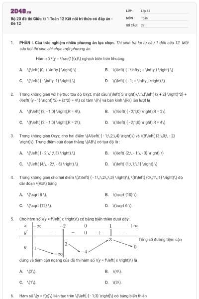 Bộ 20 đề thi Giữa kì 1 Toán 12 Kết nối tri thức có đáp án - Đề 12