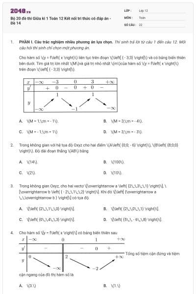 Bộ 20 đề thi Giữa kì 1 Toán 12 Kết nối tri thức có đáp án - Đề 14