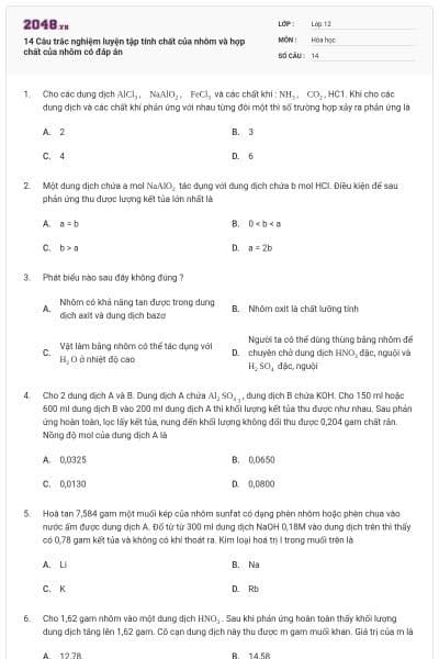 14 Câu trắc nghiệm luyện tập tính chất của nhôm và hợp chất của nhôm có đáp án