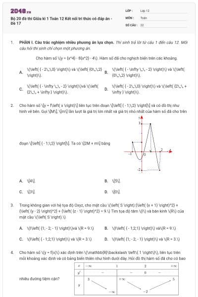Bộ 20 đề thi Giữa kì 1 Toán 12 Kết nối tri thức có đáp án - Đề 17