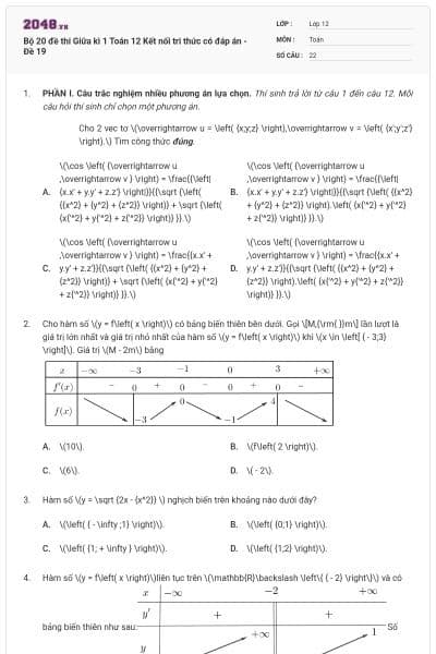 Bộ 20 đề thi Giữa kì 1 Toán 12 Kết nối tri thức có đáp án - Đề 19
