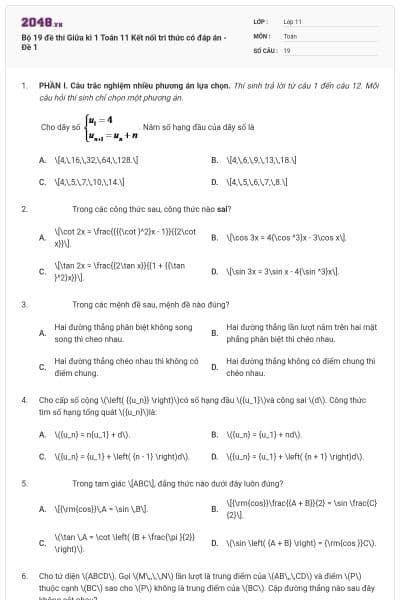 Bộ 19 đề thi Giữa kì 1 Toán 11 Kết nối tri thức có đáp án - Đề 1