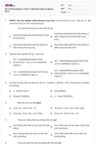 Bộ 19 đề thi Giữa kì 1 Toán 11 Kết nối tri thức có đáp án - Đề 2