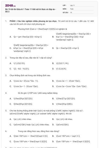 Bộ 19 đề thi Giữa kì 1 Toán 11 Kết nối tri thức có đáp án - Đề 3
