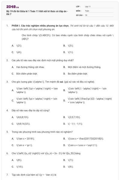 Bộ 19 đề thi Giữa kì 1 Toán 11 Kết nối tri thức có đáp án - Đề 7