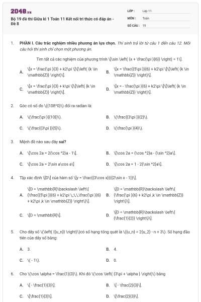 Bộ 19 đề thi Giữa kì 1 Toán 11 Kết nối tri thức có đáp án - Đề 8