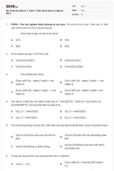 Bộ 19 đề thi Giữa kì 1 Toán 11 Kết nối tri thức có đáp án - Đề 9