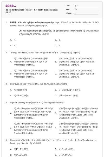 Bộ 19 đề thi Giữa kì 1 Toán 11 Kết nối tri thức có đáp án - Đề 10