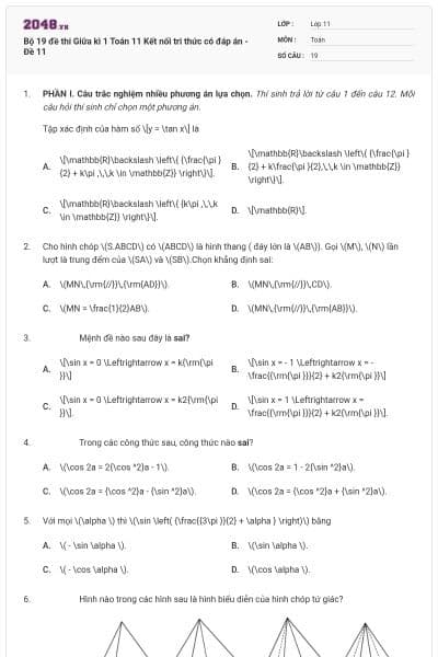 Bộ 19 đề thi Giữa kì 1 Toán 11 Kết nối tri thức có đáp án - Đề 11