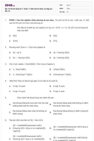 Bộ 19 đề thi Giữa kì 1 Toán 11 Kết nối tri thức có đáp án - Đề 14