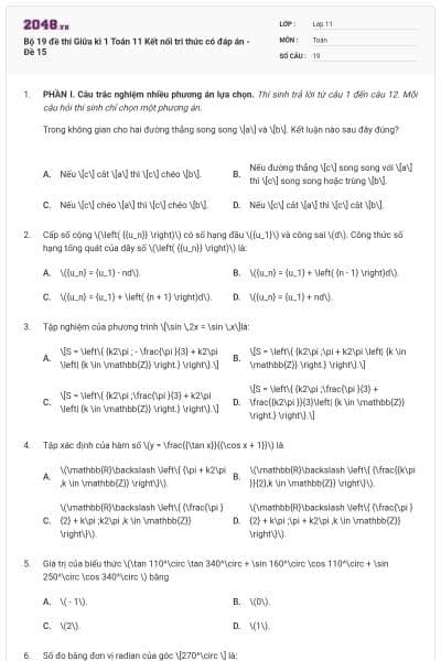 Bộ 19 đề thi Giữa kì 1 Toán 11 Kết nối tri thức có đáp án - Đề 15