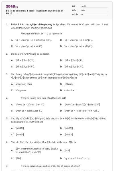 Bộ 19 đề thi Giữa kì 1 Toán 11 Kết nối tri thức có đáp án - Đề 16