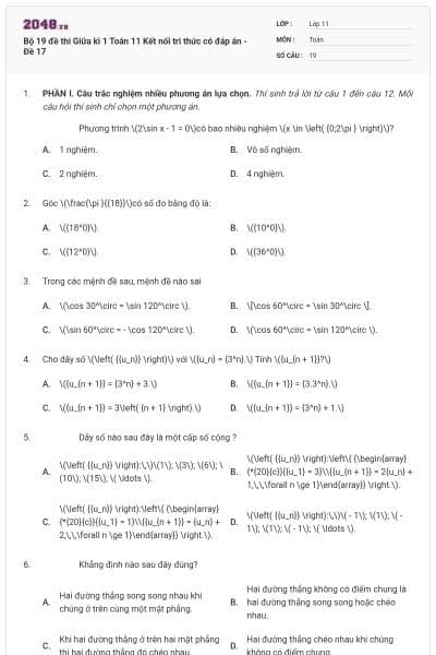 Bộ 19 đề thi Giữa kì 1 Toán 11 Kết nối tri thức có đáp án - Đề 17
