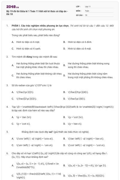 Bộ 19 đề thi Giữa kì 1 Toán 11 Kết nối tri thức có đáp án - Đề 18