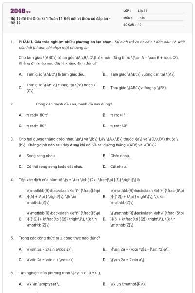 Bộ 19 đề thi Giữa kì 1 Toán 11 Kết nối tri thức có đáp án - Đề 19
