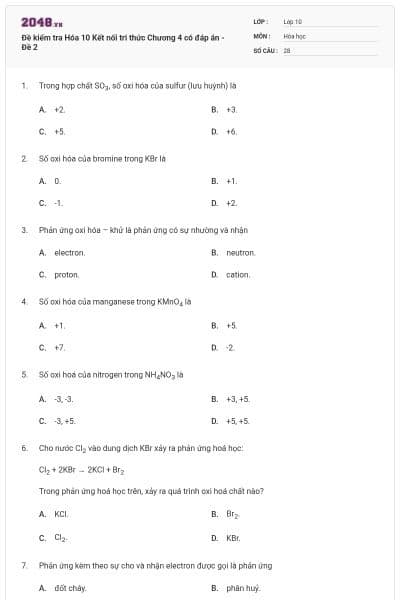 Đề kiểm tra Hóa 10 Kết nối tri thức Chương 4 có đáp án - Đề 2
