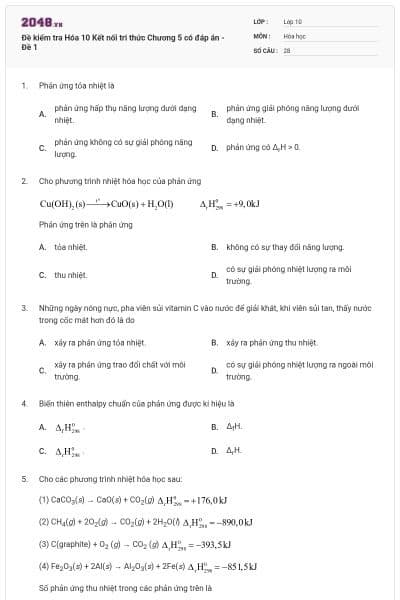 Đề kiểm tra Hóa 10 Kết nối tri thức Chương 5 có đáp án - Đề 1