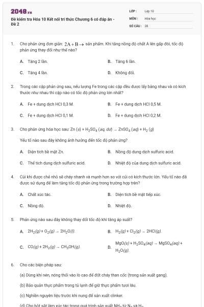 Đề kiểm tra Hóa 10 Kết nối tri thức Chương 6 có đáp án - Đề 2