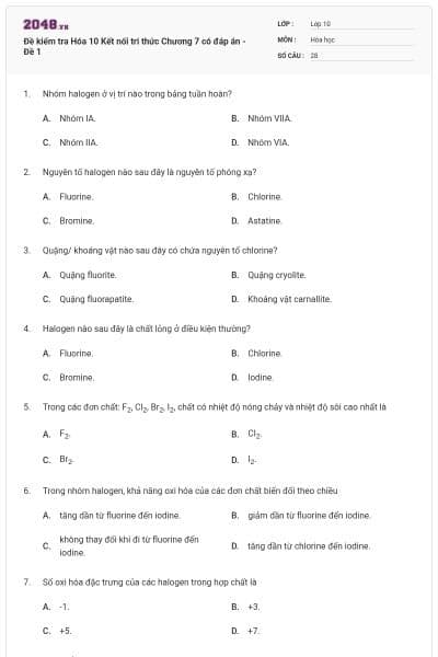Đề kiểm tra Hóa 10 Kết nối tri thức Chương 7 có đáp án - Đề 1