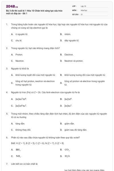 Bộ 3 đề thi cuối kì 1 Hóa 10 Chân trời sáng tạo cấu trúc mới có đáp án - Đề 1
