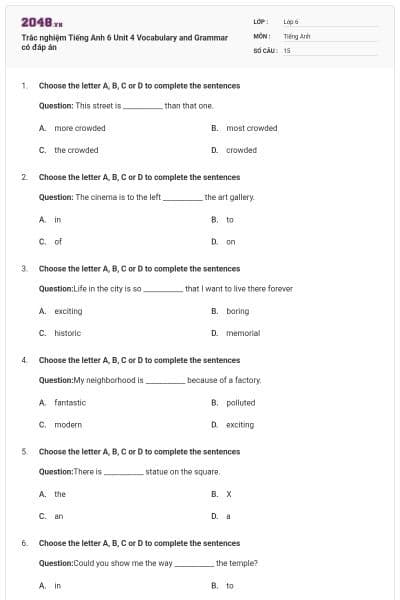 Trắc nghiệm Tiếng Anh 6 Unit 4 Vocabulary and Grammar có đáp án