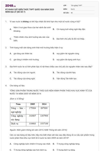 KỲ KHẢO SÁT KIẾN THỨC THPT QUỐC GIA NĂM 2020 MÔN ĐỊA LÝ (ĐỀ SỐ 7)