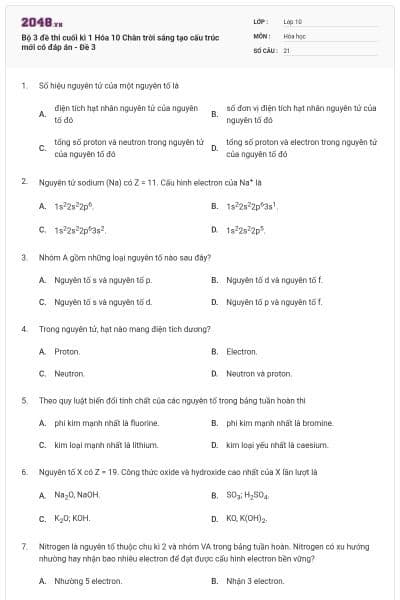 Bộ 3 đề thi cuối kì 1 Hóa 10 Chân trời sáng tạo cấu trúc mới có đáp án - Đề 3