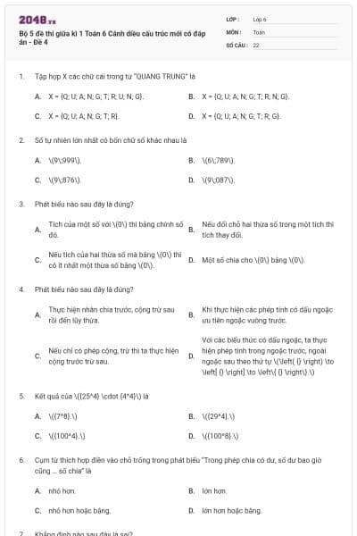 Bộ 5 đề thi giữa kì 1 Toán 6 Cánh diều cấu trúc mới có đáp án - Đề 4