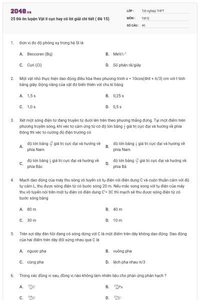 25 Đề ôn luyện Vật lí cực hay có lời giải chi tiết ( Đề 15)