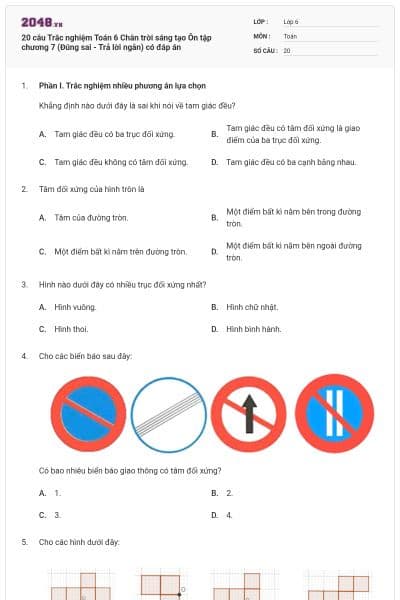 20 câu Trắc nghiệm Toán 6 Chân trời sáng tạo Ôn tập chương 7 (Đúng sai - Trả lời ngắn) có đáp án