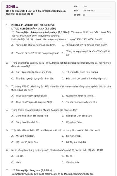 Bộ 2 đề thi cuối kì 1 Lịch sử & Địa lý 9 Kết nối tri thức cấu trúc mới có đáp án (Đề 1)