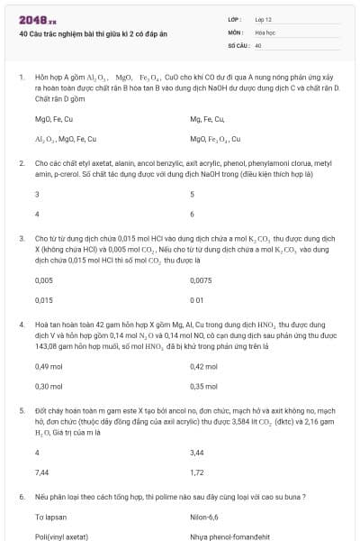 40 Câu trắc nghiệm bài thi giữa kì 2 có đáp án