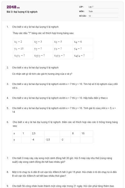 Bài 3: Đại lượng tỉ lệ nghịch