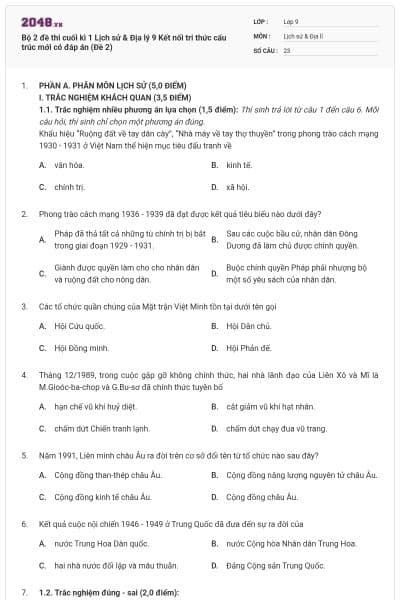 Bộ 2 đề thi cuối kì 1 Lịch sử & Địa lý 9 Kết nối tri thức cấu trúc mới có đáp án (Đề 2)