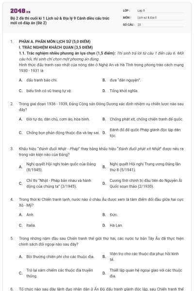 Bộ 2 đề thi cuối kì 1 Lịch sử & Địa lý 9 Cánh diều cấu trúc mới có đáp án (Đề 2)