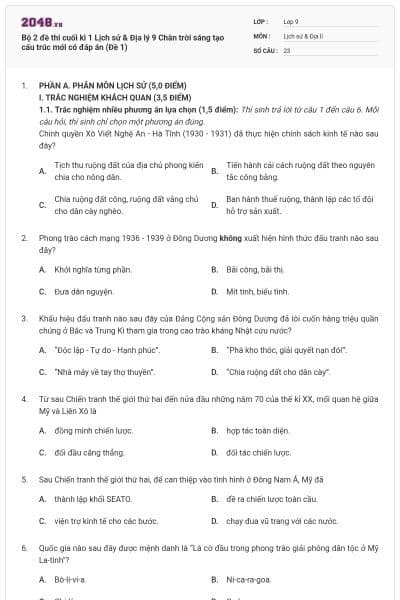 Bộ 2 đề thi cuối kì 1 Lịch sử & Địa lý 9 Chân trời sáng tạo cấu trúc mới có đáp án (Đề 1)