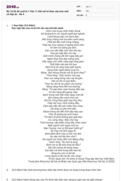 Bộ 10 đề thi cuối kì 1 Văn 11 Kết nối tri thức cấu trúc mới có đáp án - Đề 4