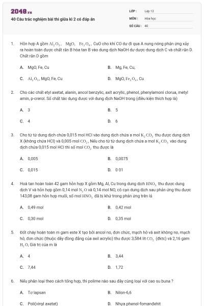 40 Câu trắc nghiệm bài thi giữa kì 2 có đáp án
