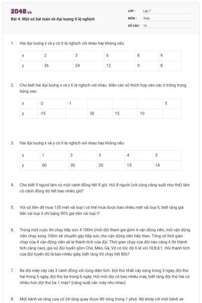 Bài 4: Một số bài toán về đại lượng tỉ lệ nghịch