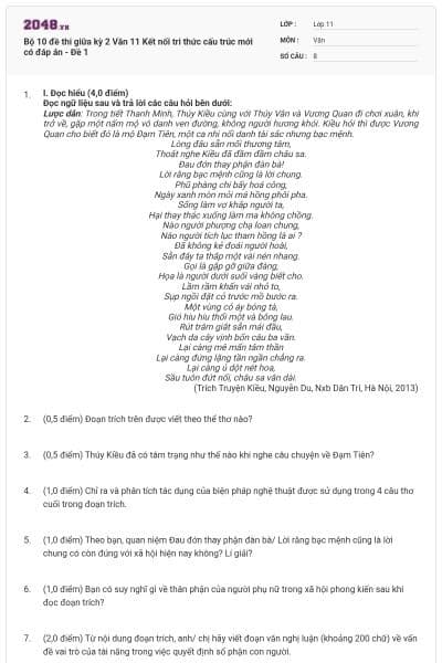 Bộ 10 đề thi giữa kỳ 2 Văn 11 Kết nối tri thức cấu trúc mới có đáp án - Đề 1